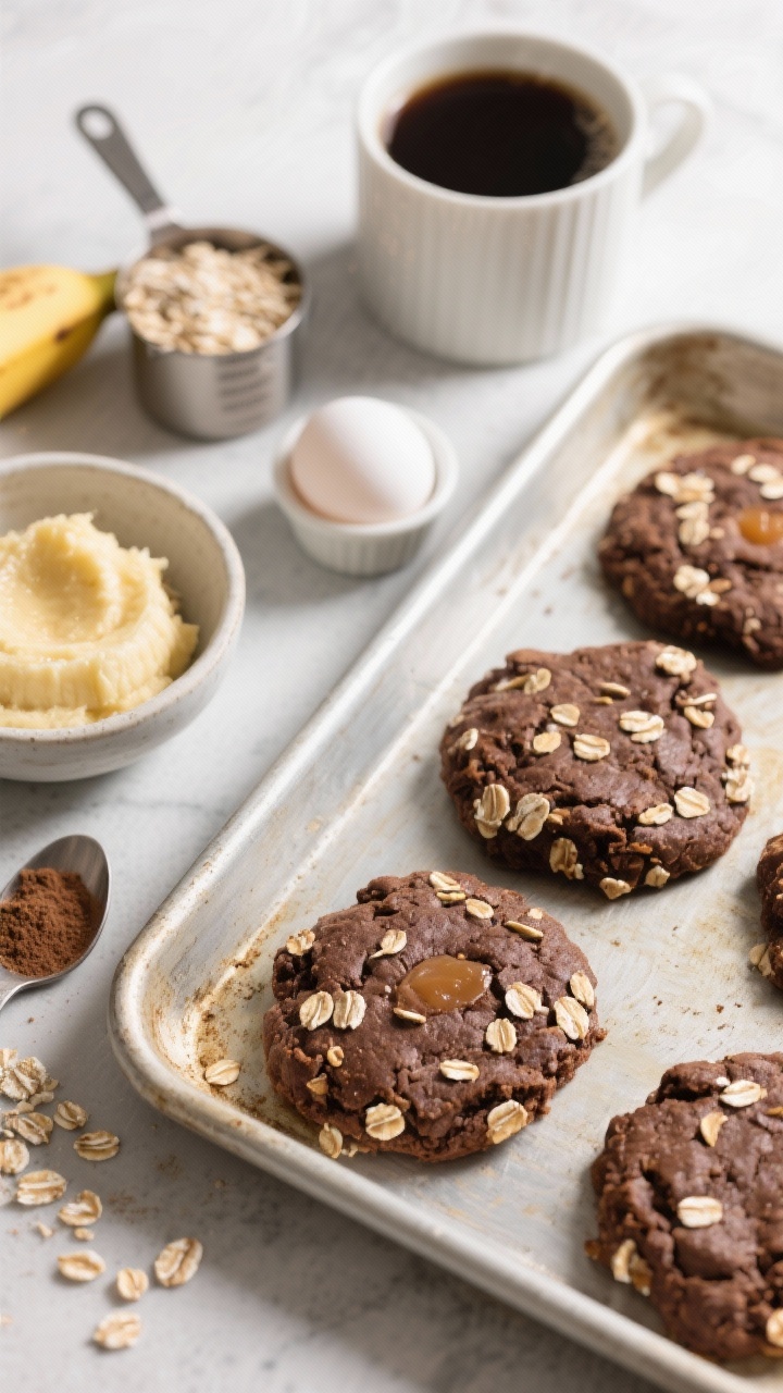 45-degree close-up of cocoa banana breakfast cookies on a small baking tray, studded with quick oats and cocoa, slightly matte from unsweetened applesauce, with a moist crumb. Include a ripe mashed banana in a bowl, a measuring cup of quick oats, a spoonful of oat flour, a splash of vanilla, and an egg white in a tiny ramekin in the background. Morning light, casual breakfast vibe with a cup of black coffee partially in frame.