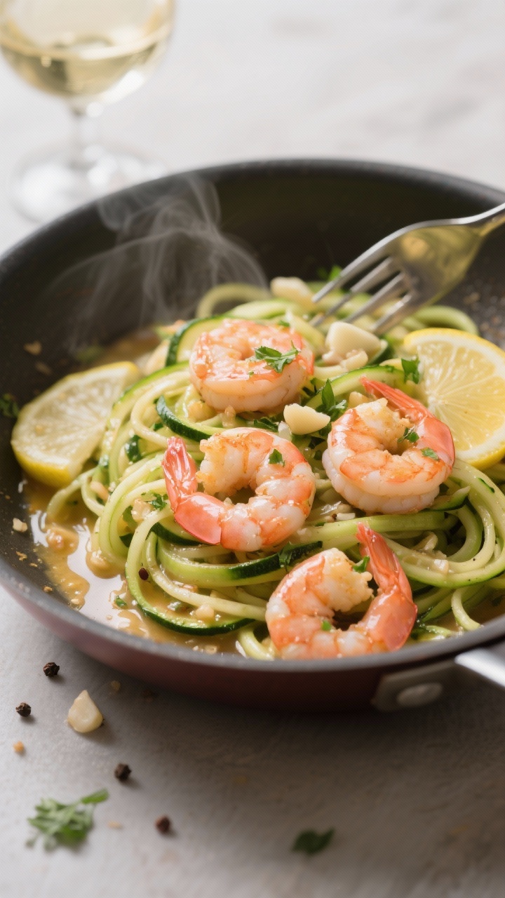 45-degree close-up of garlicky shrimp scampi over zucchini noodles: pink large shrimp in a glossy butter-olive oil sauce with minced garlic, a splash of dry white wine reducing in the pan, lemon slices and parsley flecks, visible cracked pepper; zoodles twirled with tongs, light steam, bright and clean styling to emphasize “all the flavor, none of the heaviness.”