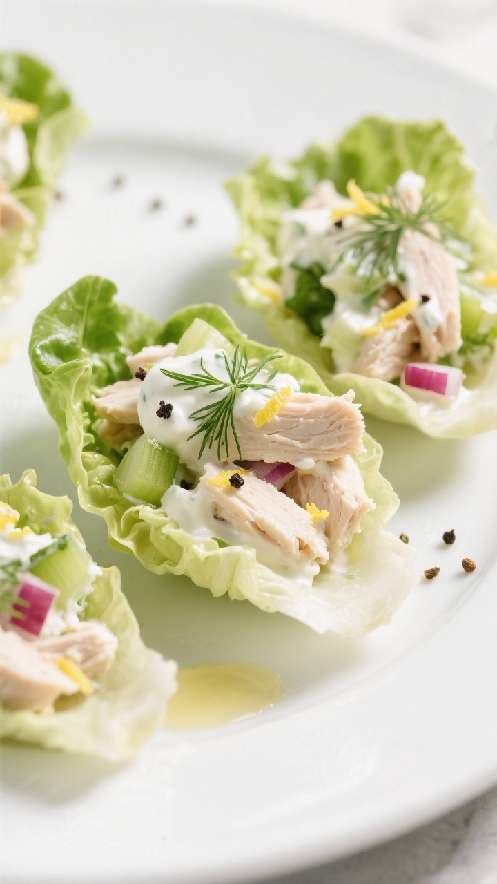 45-degree close-up of Greek yogurt herb chicken salad lettuce cups: crisp butter lettuce leaves filled with chopped or shredded chicken bound with creamy Greek yogurt, a touch of mayonnaise, fresh dill and parsley, finely diced celery and red onion; lemon zest flecks on top, cracked black pepper, and a light drizzle of olive oil; bright, airy feel on a white plate, no people.