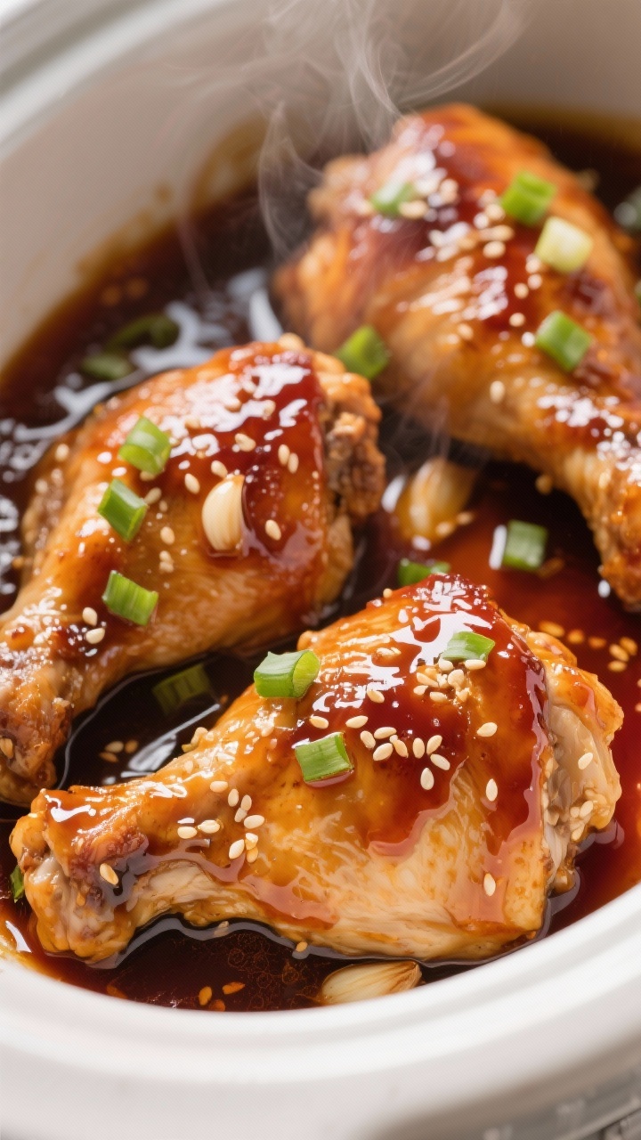 45-degree close-up of Honey-Garlic Chicken thighs in a crockpot: glistening boneless skinless thighs lacquered with a sticky glaze of honey, low-sodium soy sauce, ketchup, rice vinegar, and minced garlic; visible sesame seeds and chopped scallions as optional garnish for contrast; deep amber sauce pooling around tender chicken, steam rising, rich, aromatic, glossy textures.