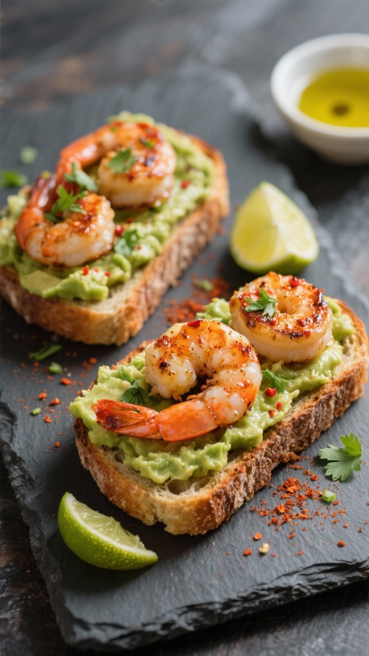 45-degree close-up of smashed avocado toast topped with chili-lime shrimp: two slices of toasted sourdough slathered with creamy avocado mashed with lime juice and salt, crowned by seared shrimp dusted in chili powder and a kiss of smoked paprika, finished with lime zest and micro cilantro; shot on a slate board with a halved lime and a small dish of olive oil in frame, juicy shrimp char and buttery toast crumb highlighted.