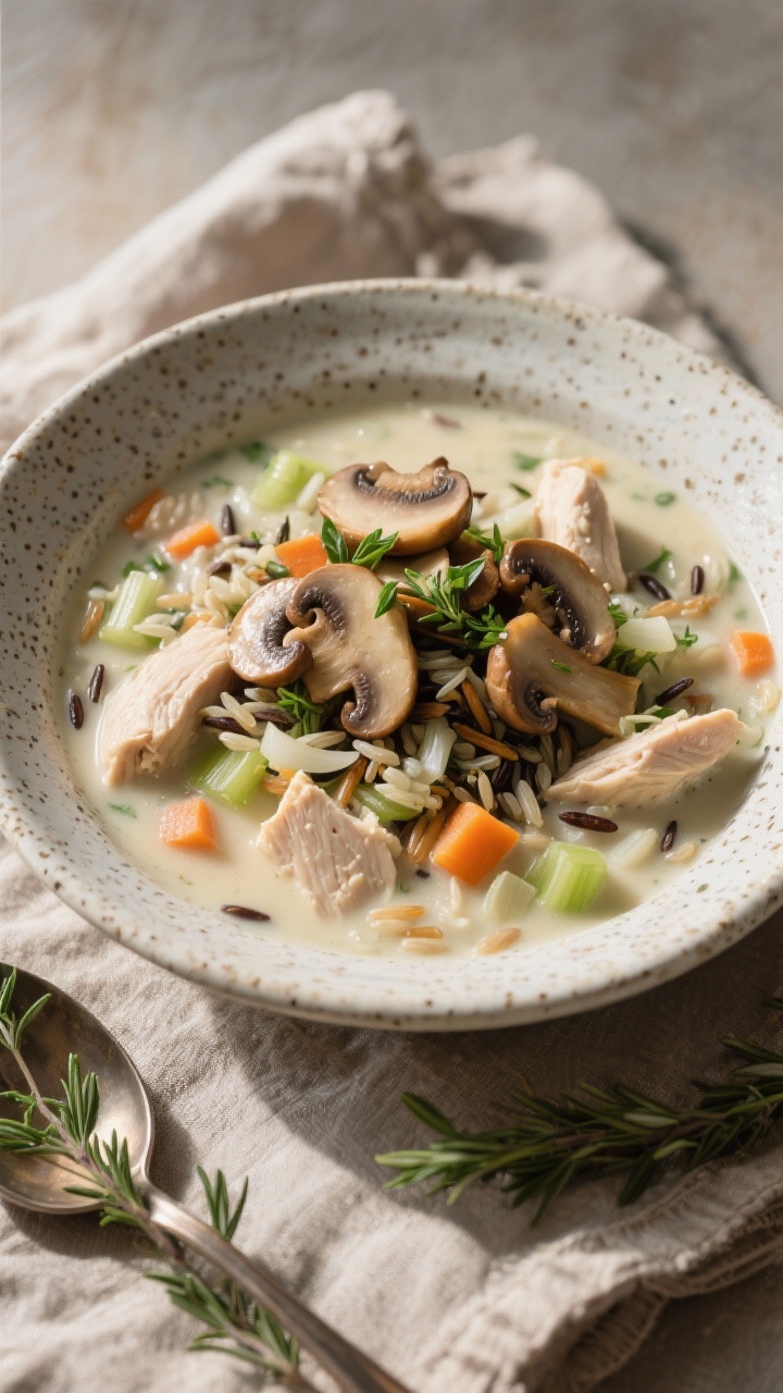 45-degree cozy bowl of lightened creamy chicken and wild rice soup with herby mushrooms: chunks of chicken, wild rice grains, diced onion, carrots, and celery in a lighter creamy broth scented with dried thyme and crushed rosemary; sautéed mushrooms piled on top with a scatter of fresh herbs; served in a speckled stoneware bowl on a rustic linen; side dish with thyme sprigs and a ladle resting nearby; warm, inviting light.