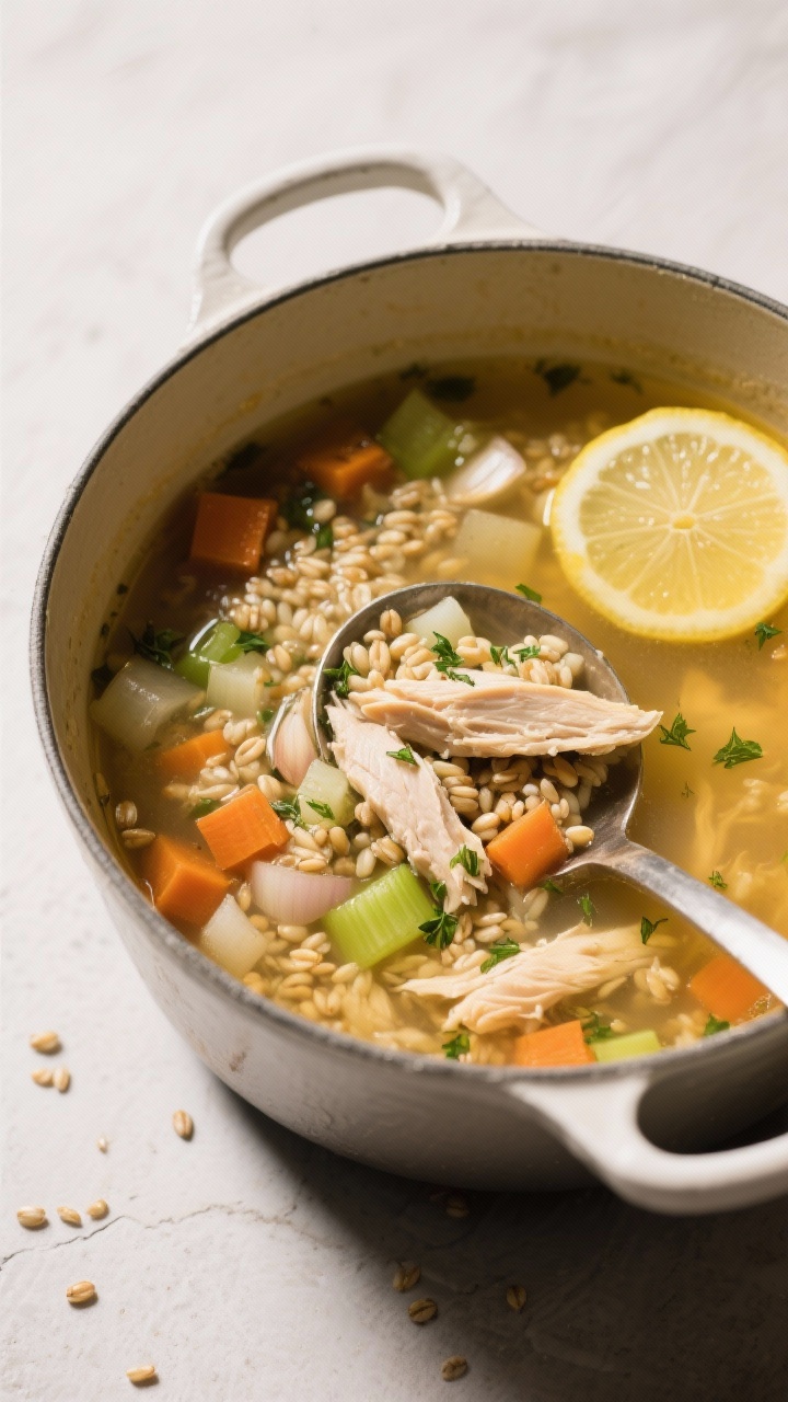 45-degree cozy pot shot: Herbed chicken and barley soup with lemon in a Dutch oven; clear golden chicken broth with diced onion, carrots, celery, minced garlic, tender pearls of barley, and shredded boneless skinless chicken; flecks of herbs throughout and thin lemon slices or a squeeze of lemon to finish; ladle resting on the pot, inviting and wholesome atmosphere.