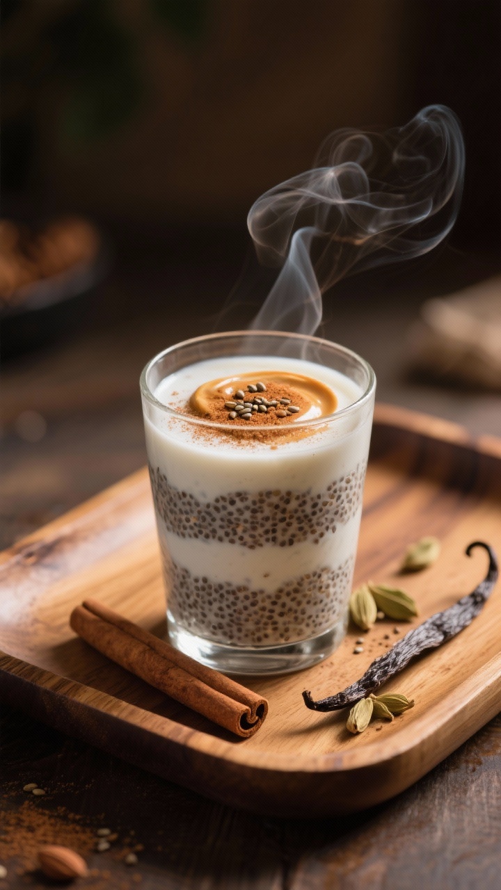 45-degree cozy scene of a warm spiced chia pudding parfait layered in a clear glass: creamy chia pudding made with unsweetened almond milk, infused with ground cinnamon, cardamom, and vanilla. Top with a swirl of warm milk, a dusting of cinnamon, and a few chia seeds for texture. Steam subtly rising, set on a wooden tray with a cinnamon stick and vanilla pod for mood; soft evening light.