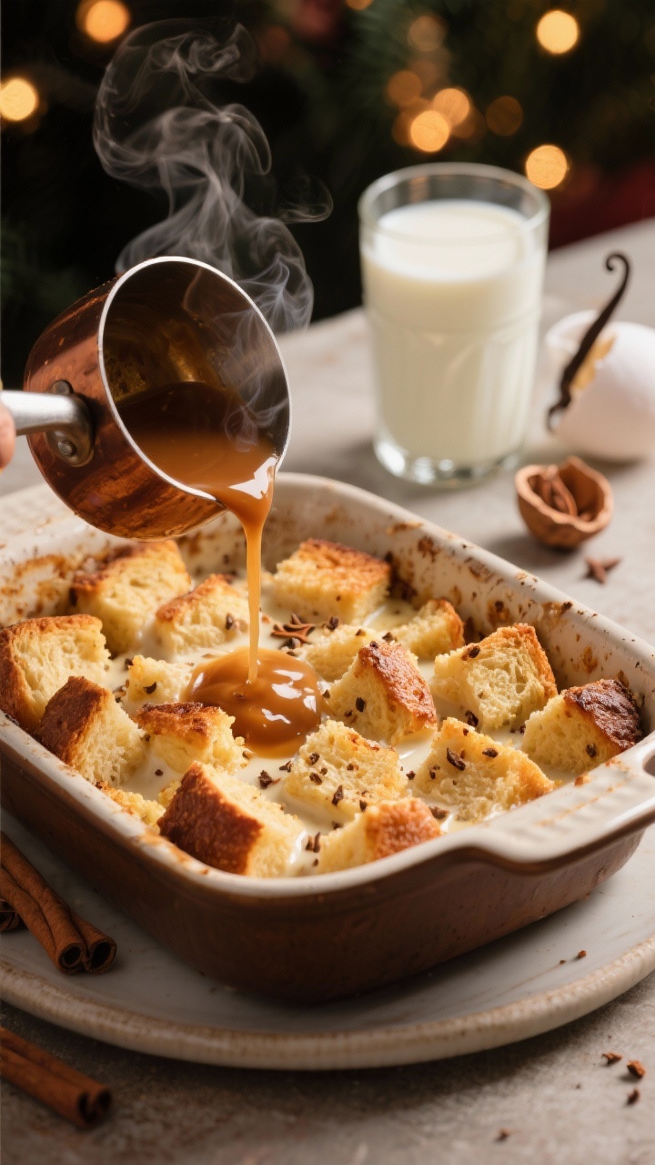 45-degree cozy scene of eggnog bread pudding in a rustic baking dish just out of the oven: golden, puffed cubes of brioche with custard set, speckles of nutmeg and cinnamon visible; a small saucepan of brown butter rum sauce mid-pour over a plated serving, steam rising; include props of eggnog in a glass, whole milk, vanilla extract, and a cracked nutmeg; warm, amber holiday light.