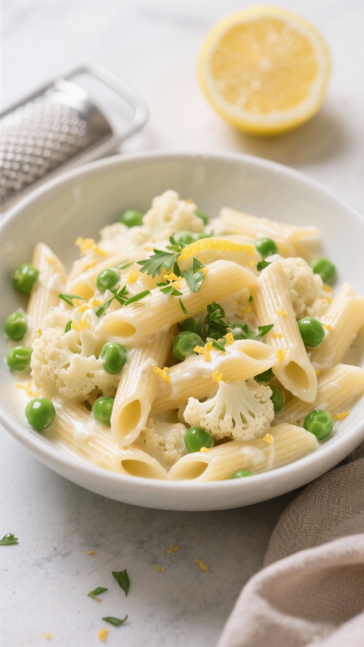 45-degree creamy pasta bowl: Cauliflower Alfredo with Lemon, Peas, and Herbs—al dente penne coated in silky cauliflower-garlic sauce blended with vegetable broth and milk, bright green peas dotted throughout, lemon zest and juice lending lift, finished with chopped parsley and chives; glossy sauce clinging to ridges, a microplane and half lemon in the background; airy daylight for a fresh, light feel.