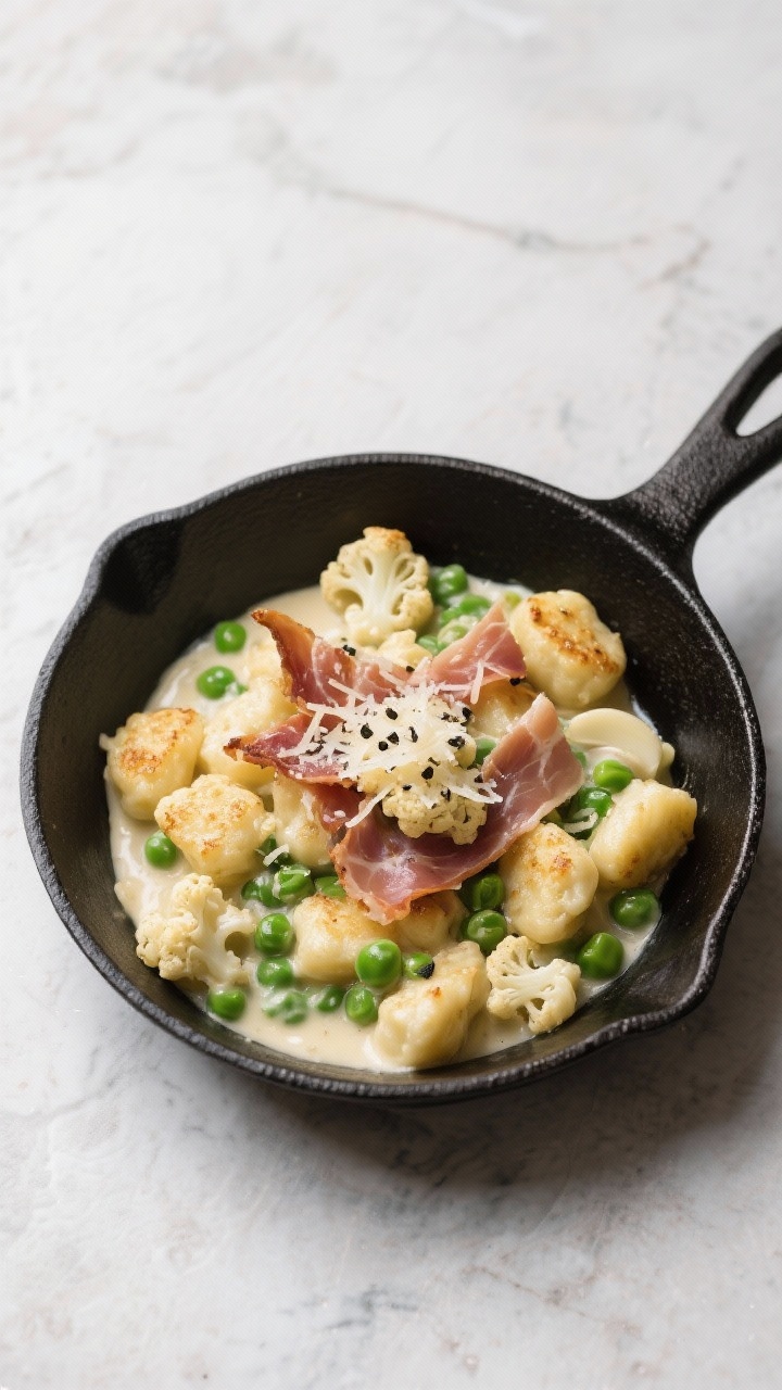 45-degree creamy pasta scene: Cauliflower gnocchi Alfredo with peas and prosciutto in a shallow skillet. Golden-seared cauliflower gnocchi coated in a light, silky Alfredo-style sauce made with low-sodium chicken broth and garlic, bright green peas folded in. Ribbons of crisped prosciutto draped on top, freshly cracked black pepper and grated cheese dusting. Matte black skillet on a pale stone surface.