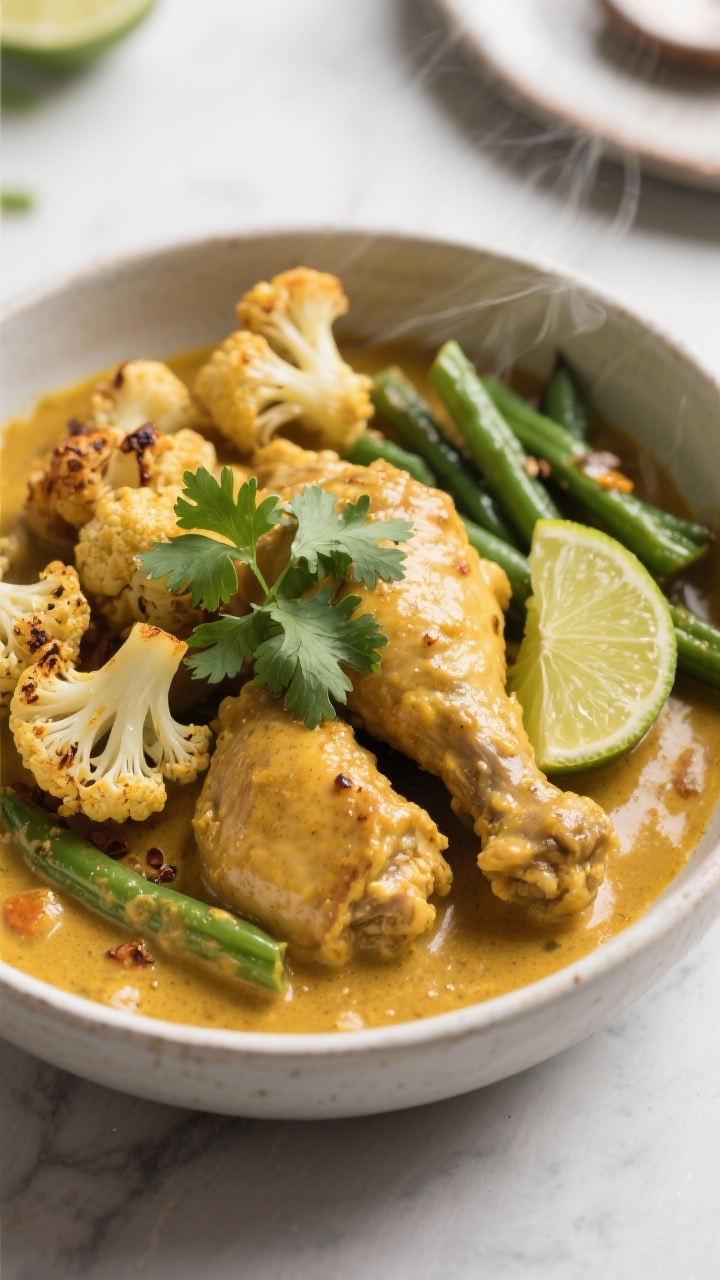 45-degree curry bowl: coconut curry chicken with tender bite-size chicken thighs in a golden, creamy sauce, served alongside roasted cauliflower florets and crisp-tender green beans. Garnish of fresh cilantro and a squeeze of lime. Olive oil sheen on roasted veg, visible curry spices, and subtle steam; warm, fragrant, weeknight curry mood.