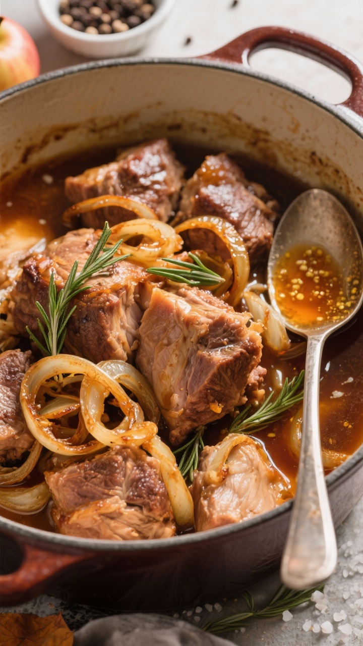 45-degree Dutch oven action shot: apple cider-braised pork shoulder chunks nestled with caramelized onion ribbons and herb sprigs, bathed in amber cider jus; surface glistening, tender fibers visible; a spoon coated with Dijon-forward braising liquid resting on the pot edge; kosher salt and cracked black pepper in pinch bowls; warm, homey lighting emphasizing fall comfort.