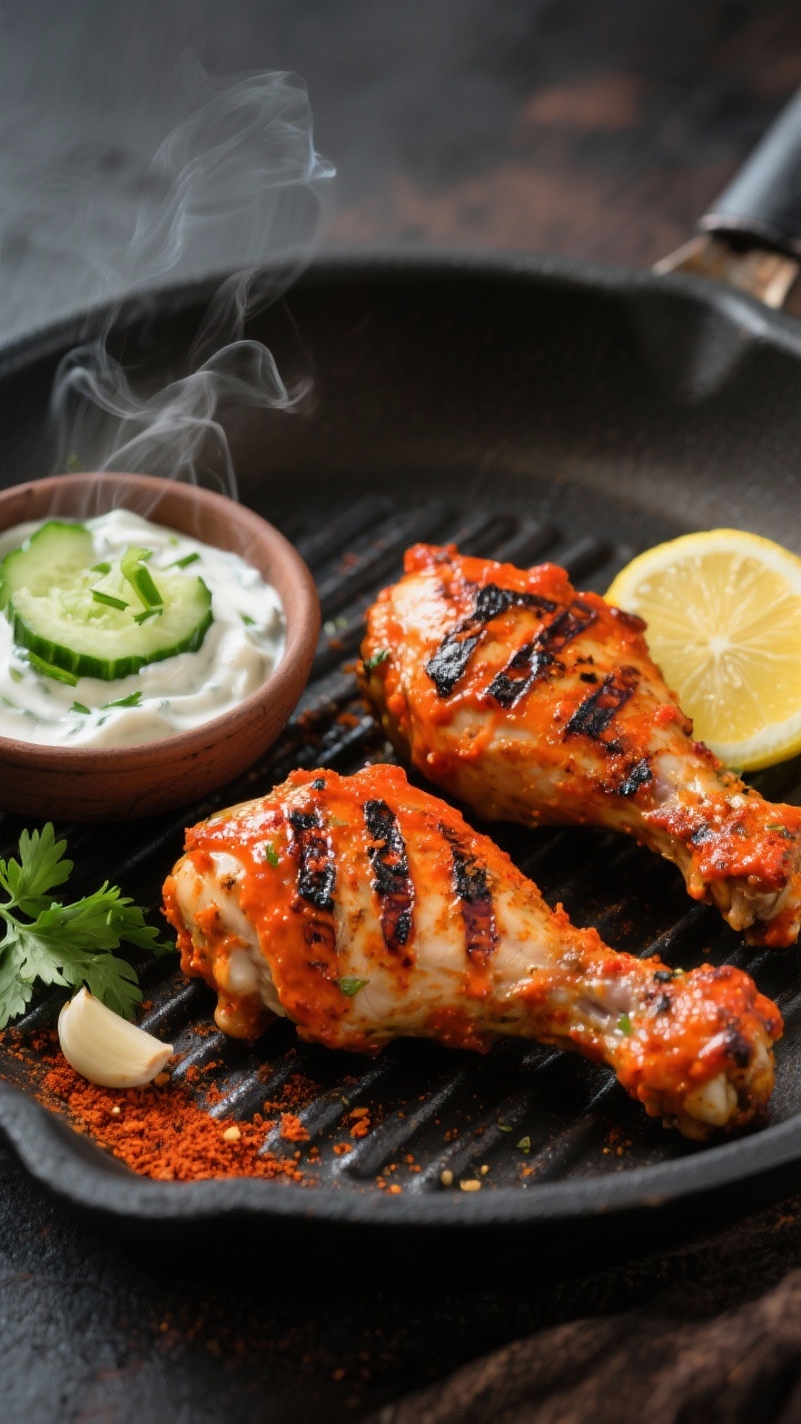 45-degree grill-pan shot: tandoori-spiced yogurt chicken thighs marinated in a vivid orange-red yogurt mix (Greek yogurt with garam masala, cumin, coriander, garlic, and ginger), charred stripes and juicy interior visible. Serve on a dark plate with cool cucumber raita in a small bowl (grated cucumber, yogurt), plus lemon wedges and a dusting of paprika and chopped cilantro. Warm, spiced ambiance with subtle steam rising.