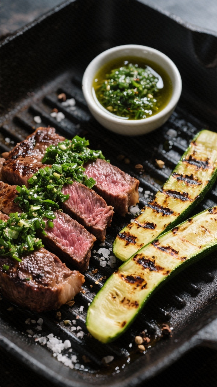 45-degree grill-side shot of chimichurri grilled steak with charred zucchini: flank/flat iron steak sliced against the grain, juicy and medium-rare, draped with vibrant green chimichurri; alongside lengthwise zucchini with clear char marks; coarse kosher salt and cracked black pepper visible; set on a dark grill pan with a small bowl of chimichurri and olive oil glistening under directional light.