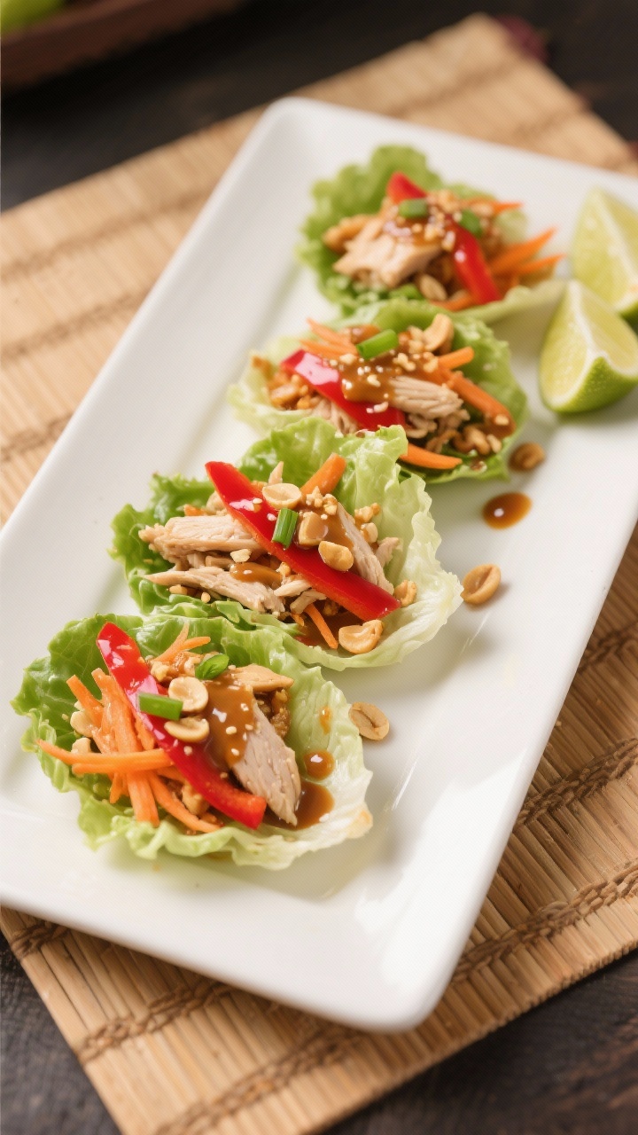 45-degree handheld-free scene of Thai-inspired peanut chicken lettuce cups on a platter: butter lettuce leaves filled with shredded chicken, shredded carrot, thin red bell pepper, and sliced green onions, drizzled generously with glossy peanut sauce and sprinkled with crushed peanuts and lime wedges on the side; crisp textures, vibrant reds and greens, clean white platter on a bamboo mat backdrop.