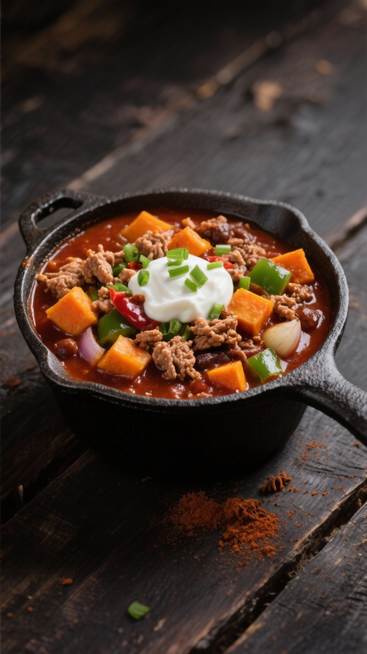45-degree hearty bowl of harvest turkey chili with butternut and cocoa: thick, deep brick-red chili featuring lean ground turkey crumbles, sweet butternut squash cubes, green bell pepper, onion, garlic, chili powder, cumin, smoked paprika, and a subtle cocoa undertone; topped with a dollop of Greek yogurt and a sprinkle of scallions; set in a cast-iron mini pot on a dark wood surface, rich contrast and cozy fall ambiance.