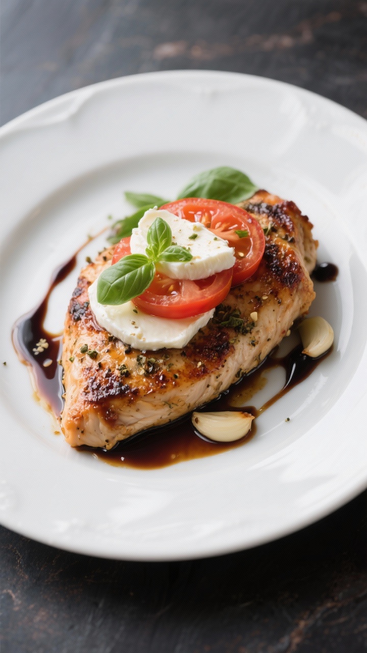 45-degree plated Balsamic Caprese Chicken: seared chicken breasts seasoned with Italian seasoning, salt, pepper, and garlic, finished with a glossy balsamic vinegar reduction and low-sodium chicken broth; topped with melted fresh mozzarella, ripe tomato slices, and basil leaves; drizzle of extra balsamic on a white plate, elegant weeknight-fancy vibe.
