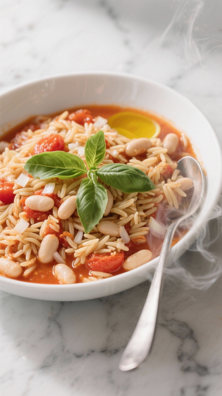45-degree plated bowl of one-pot tomato basil orzo with white beans: short orzo pasta swirled in a glossy tomato broth, tender cannellini-style white beans, flecks of garlic and finely diced onion; ribbons of fresh basil on top, drizzle of olive oil; served in a wide white bowl on a marble surface, spoon resting alongside, light steam visible.