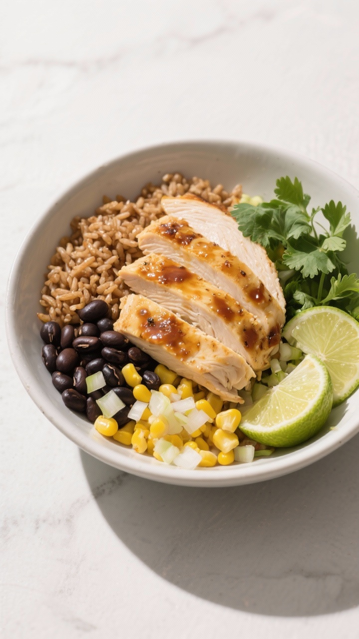 45-degree plated burrito bowl: Ginger-Lime Chicken and Brown Rice layered in a wide bowl—sliced chicken breast, fluffy brown rice, black beans, yellow corn, and finely chopped onion; lime wedges and fresh cilantro, glossy ginger-lime glaze on chicken; bright, fresh, high-key lighting with crisp shadows.