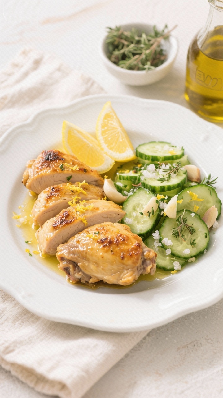 45-degree plated Mediterranean presentation: zesty lemon-garlic Greek chicken thighs (boneless, skinless) seared golden and sliced, arranged beside a bright cucumber salad; visible lemon zest, minced garlic, dried oregano and thyme flecks, sea-salt crystals; extra-virgin olive oil sheen and fresh lemon wedges; served on a white ceramic plate over a light linen with a small bowl of oregano and a glass bottle of EVOO; clean, sunny, fresh Greek vibe.