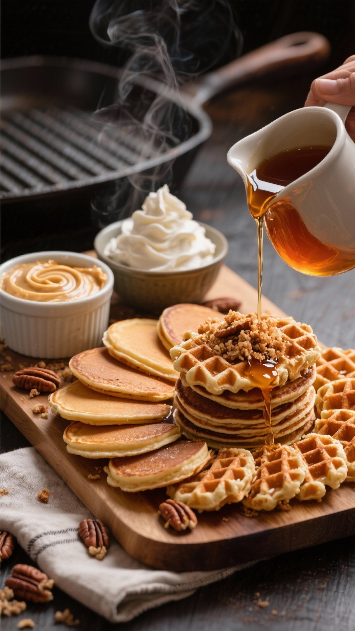 45-degree plated “midnight brunch” scene for a Maple-Pecan Breakfast-For-Dessert Board: 24 mini waffles and 16 silver-dollar pancakes stacked and fanned, a small pitcher of warm maple syrup mid-pour pooling and glistening, a crock of cinnamon honey butter with swirl marks, a bowl of spiced whipped cream with soft peaks, toasted pecan crumble sprinkled over waffles, warm amber tones, steam subtly visible, linen napkin and cast-iron griddle in soft blur for context.