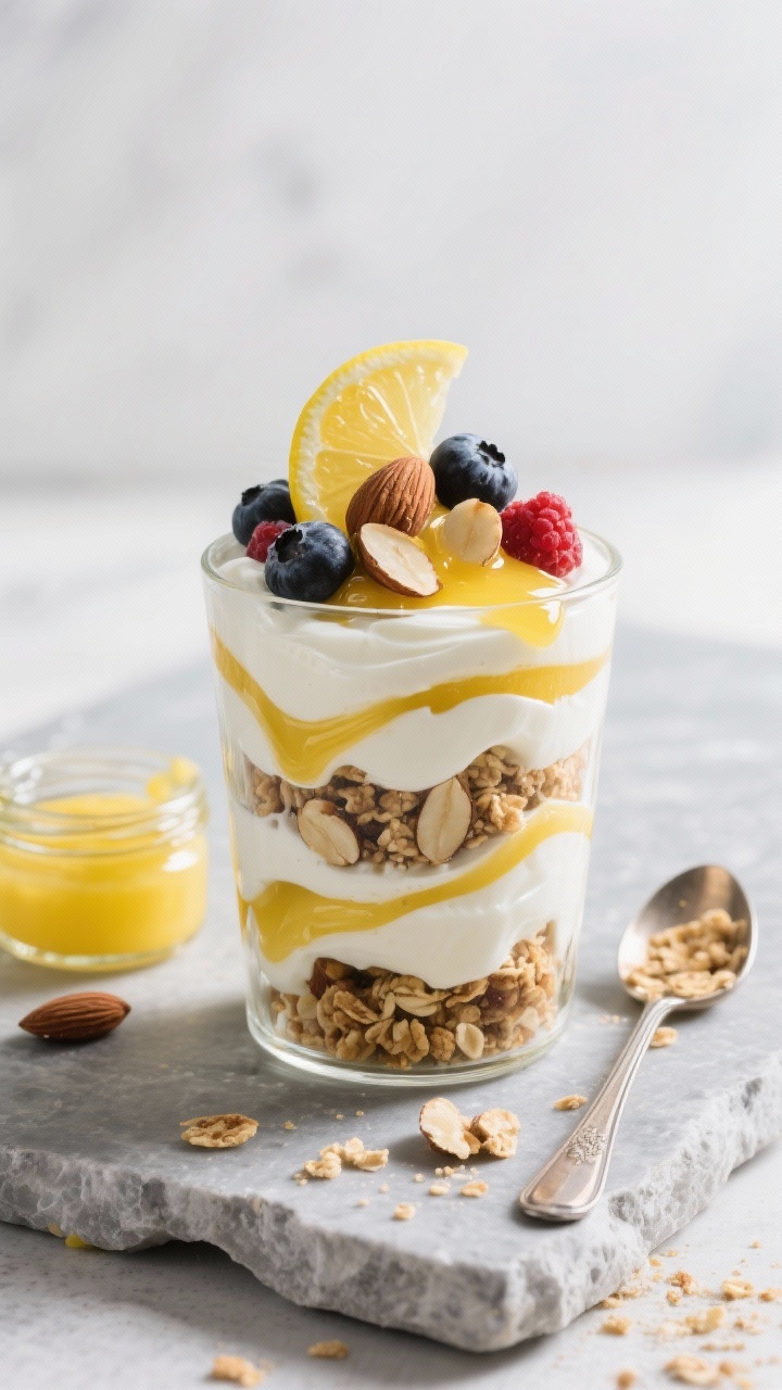 45-degree plated parfait: thick Greek yogurt swirled in a clear glass, ribboned with 1–2 tbsp glossy lemon curd, layered with toasted sliced almonds, granola or crushed grahams, and topped with a scatter of mixed berries; honeyed highlights and citrusy yellow pop against creamy whites; set on a cool stone surface with a small jar of lemon curd and a spoon dusted with almond crumbs; bright, crisp editorial style.