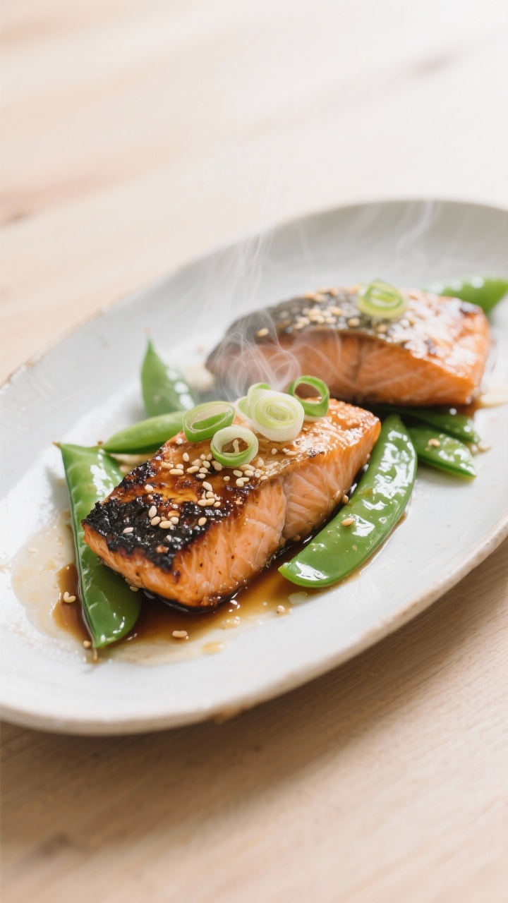 45-degree plated presentation: broiled miso-ginger salmon portions with a lacquered, slightly charred top, sesame snap peas glistening alongside. Sauce notes visible: white miso, low-sodium tamari/soy, rice vinegar, honey/maple, grated fresh ginger. Garnish with toasted sesame seeds and thinly sliced scallions, light steam rising. Clean ceramic plate on a minimalist light wood table, bright, airy feel, Japanese-inspired styling.