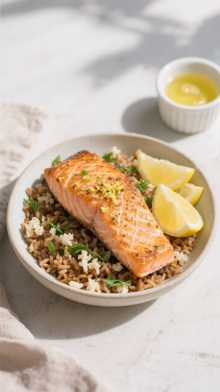 45-degree plated presentation of a citrus herb salmon rice bowl: seared salmon fillet brushed with olive oil, seasoned with garlic powder, salt, and pepper, finished with lemon zest and a squeeze of lemon juice; flaked over a bed of warm brown rice (or cauliflower rice), scattered with chopped fresh herbs; thin lemon slices and a small ramekin of extra lemon juice on the side; spa-like, airy styling with soft daylight.