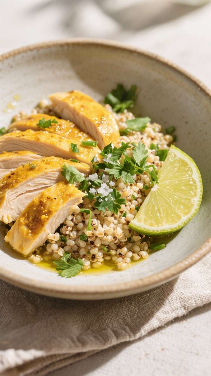 45-degree plated presentation of a Midday Glow Bowl: turmeric-lime chicken slices fanned over fluffy quinoa cooked in low-sodium broth, tossed with chopped parsley and cilantro; a light olive oil sheen and sprinkle of sea salt; lime wedge and microherbs as garnish; served in a wide ceramic bowl on a linen napkin, warm daylight, clean and energizing mood, grains distinct and herbs vivid.