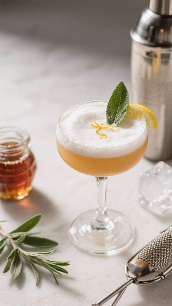 45-degree plated presentation of an Apple Cider Sage Sour in a coupe: fresh apple cider shaken with lemon juice and maple syrup, infused with muddled fresh sage, finished with a luscious foam from egg whites or aquafaba. Silky, pale amber drink with a firm foam cap, garnished with a single sage leaf and a fine lemon zest line. Ice-filled shaker and strainer nearby, plus maple syrup jar and extra sage leaves; clean, modern styling with soft, side lighting to highlight the froth.