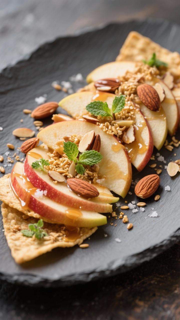 45-degree plated presentation of Cinnamon-Almond Apple Nachos with flax crunch: thinly sliced Honeycrisp apples fanned across a matte slate plate, drizzled with cinnamon-honey, scattered with toasted almond slivers and a generous sprinkle of golden flaxseed, tiny pinches of sea salt, micro mint leaves for contrast; warm, cozy tones emphasizing the glossy apples and crunchy textures.