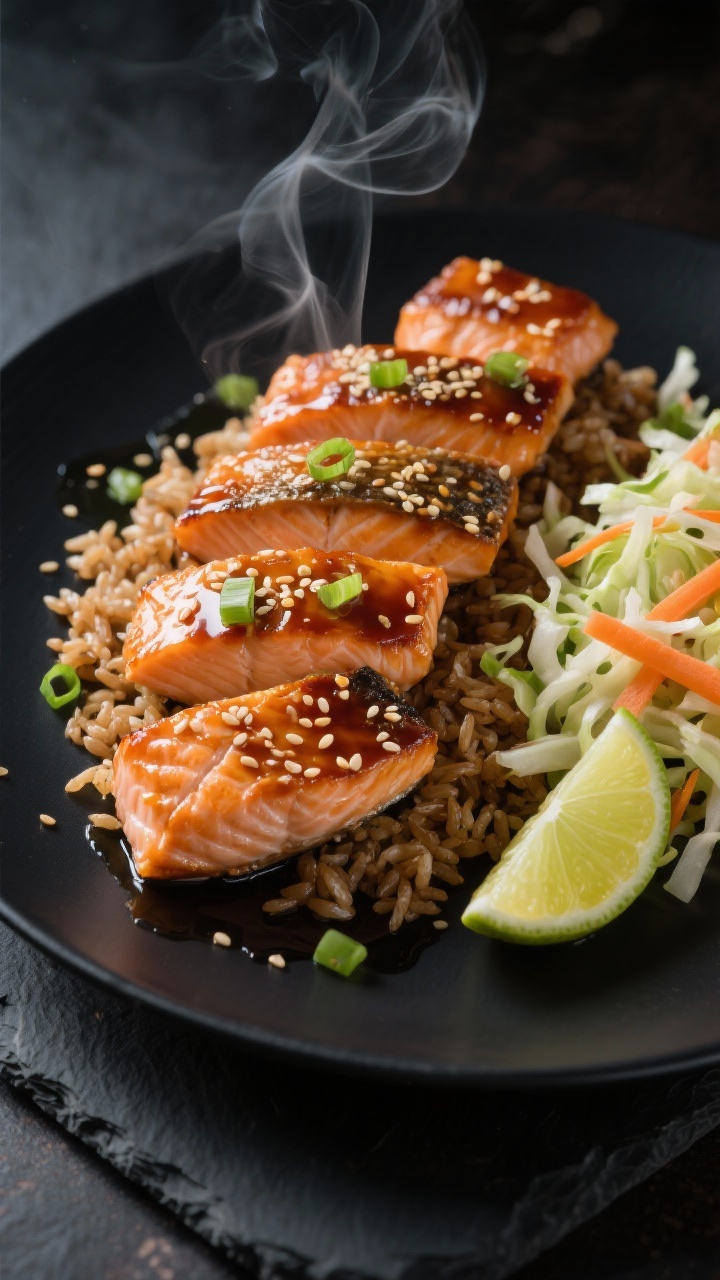 45-degree plated presentation of Ginger-Sesame Salmon: four caramelized salmon fillets with lacquered tamari–maple glaze, sesame oil sheen, and flecks of fresh ginger, served alongside nutty brown rice and a crunchy slaw (shredded cabbage, carrots) tossed with rice vinegar; sprinkled with toasted sesame seeds and thin scallion slices, a lime wedge on the side, steam subtly rising, set on a matte black plate over dark slate for contrast, moody yet clean lighting to emphasize glaze and textures.