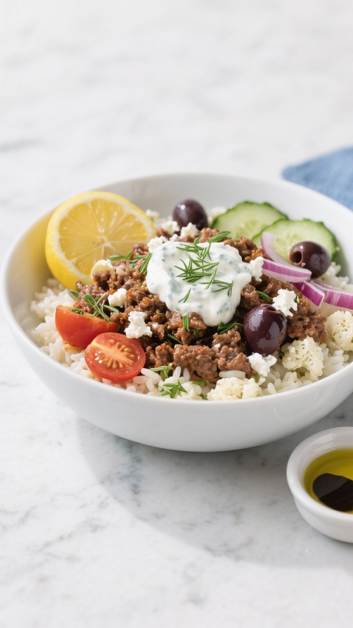 45-degree plated presentation of Greek gyro-style beef bowls: spiced ground beef with oregano, garlic, and lemon, served over fluffy lemon cauliflower rice, topped with sliced cucumber, cherry tomatoes, red onion, kalamata olives, and crumbled feta; generous drizzle of tzatziki and a sprinkle of fresh dill; white ceramic bowl on a light marble surface with a lemon half and a small dish of olive oil nearby; clean Mediterranean styling, crisp textures, bright whites and blues.