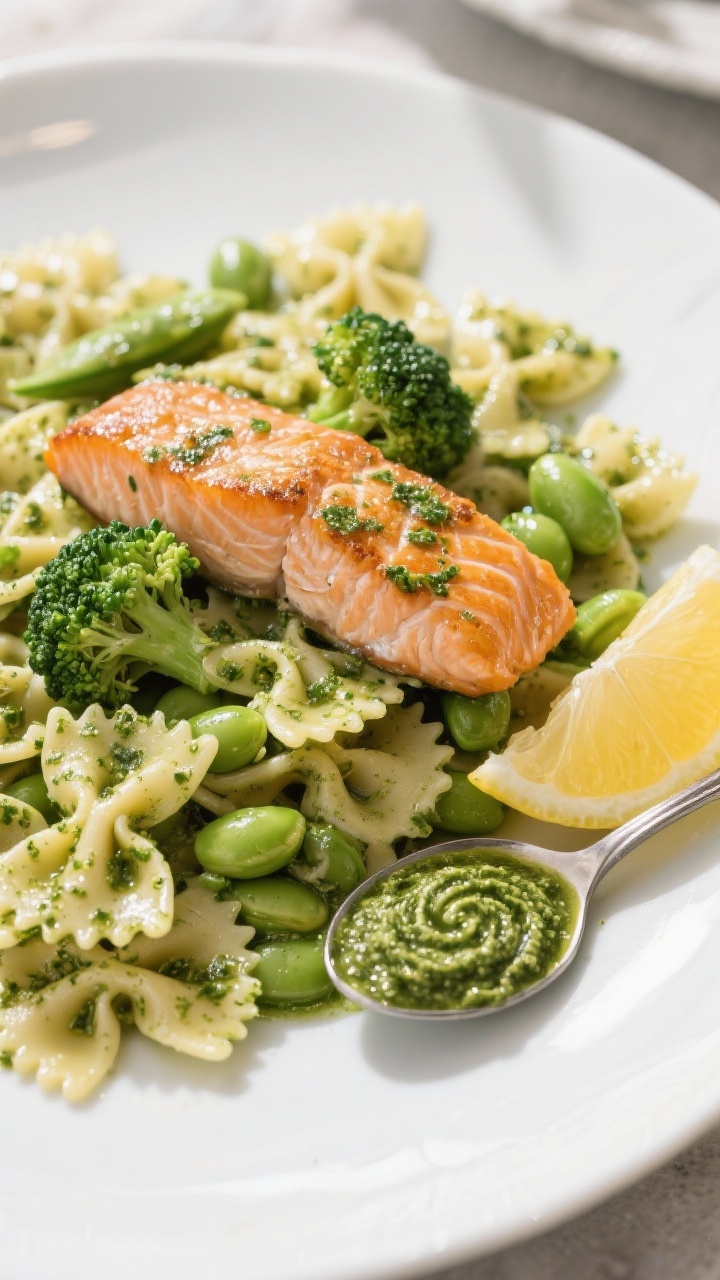 45-degree plated presentation of pesto salmon farfalle with broccoli and edamame: bow-tie pasta glistening with basil pesto, flaked salmon with a crisped skin piece set on top, bright green broccoli florets and shelled edamame dotted throughout; a small spoonful of extra pesto swirled on the rim; lemon wedge off to the side; fresh, vibrant, high-protein feel with bright daylight to enhance greens and salmon color.