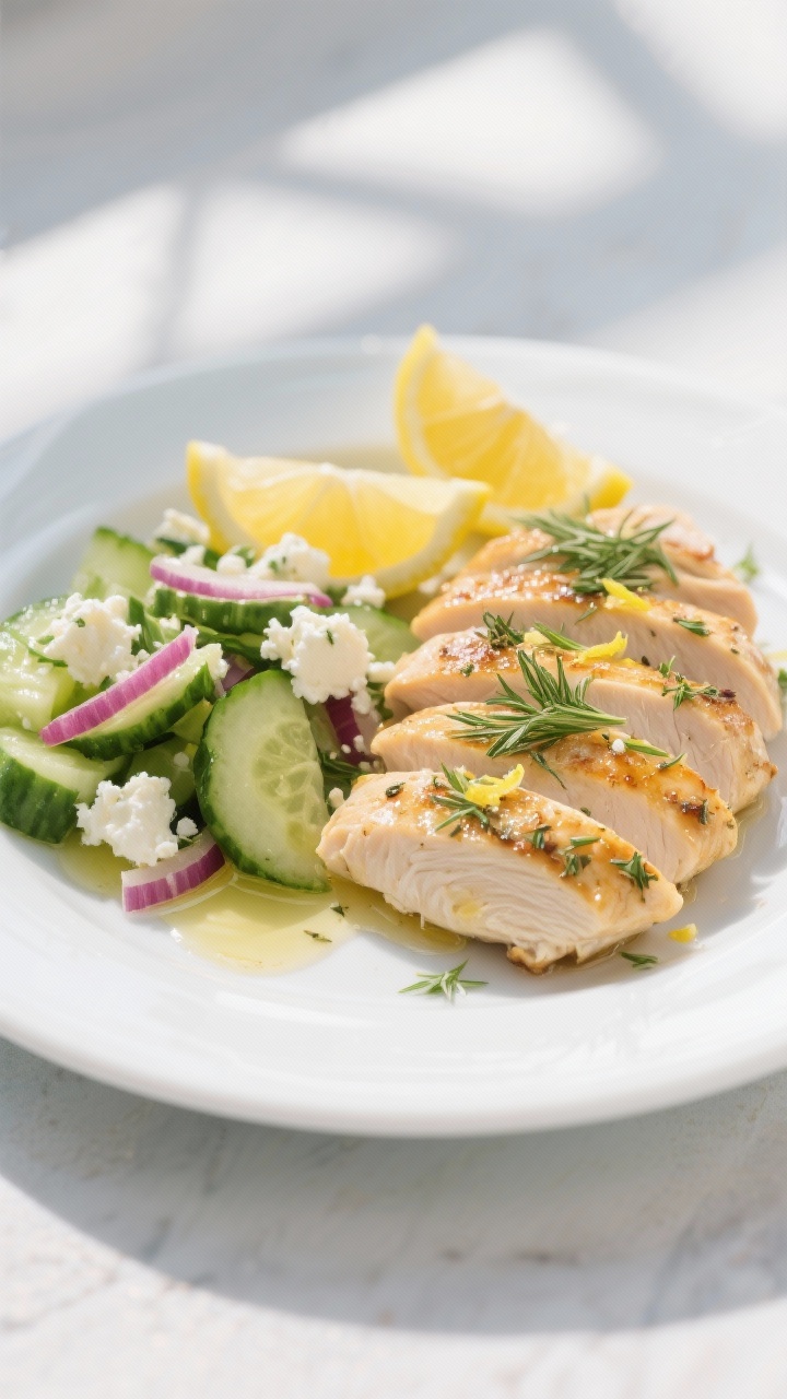 45-degree plated shot of Lemon-Dill Greek Chicken: thinly sliced, pan-seared chicken breast glazed with lemon juice and zest, speckled with dried oregano and fresh dill, alongside a crisp cucumber and feta salad with red onion and olive oil; served on a white plate with lemon wedges; cool Mediterranean palette, gentle window light, minimal props.