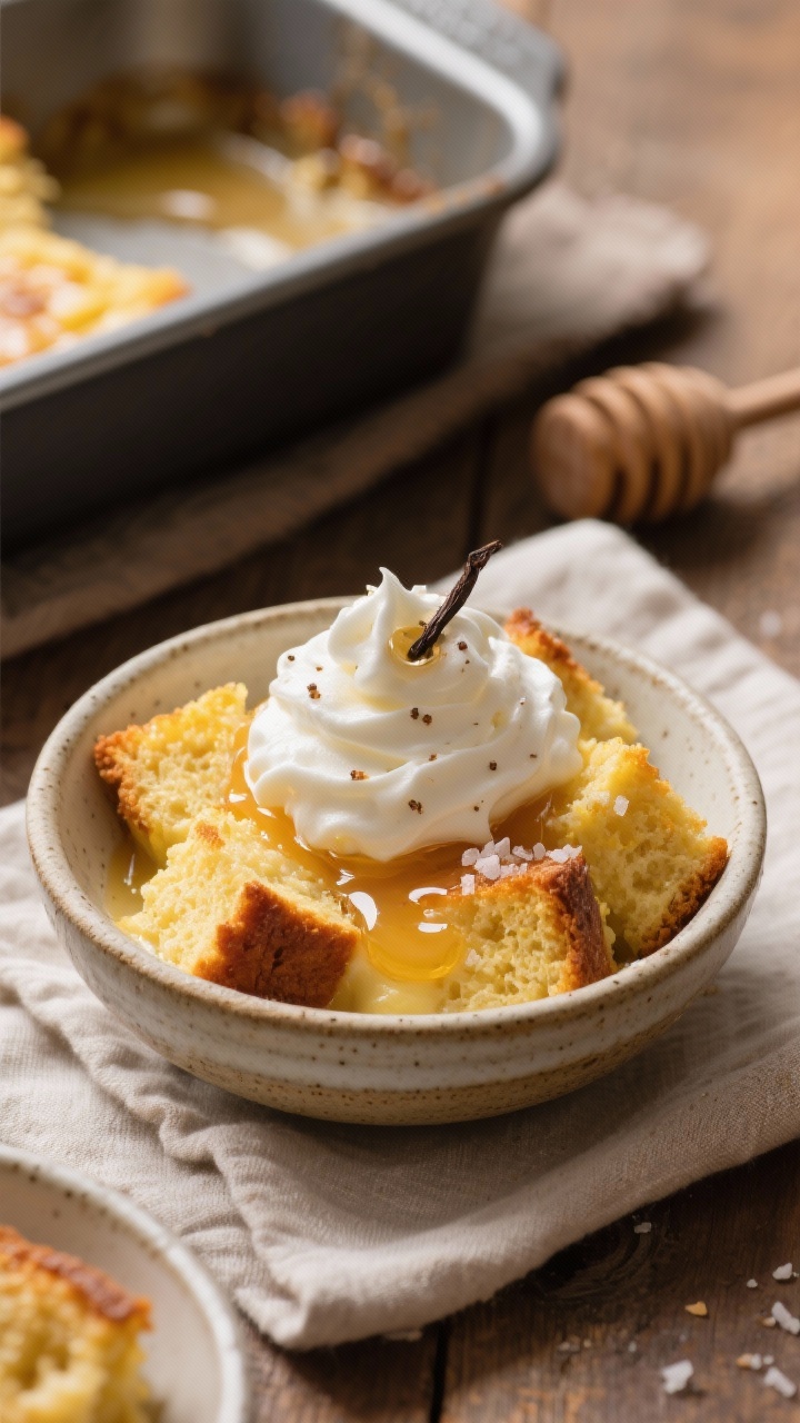 45-degree plated shot of salted honey cornbread pudding scooped into rustic bowls: custardy cubes of day-old cornbread baked with eggs, whole milk, heavy cream, sugar, and honey, edges caramelized; crowned with a cloud of vanilla bean whipped cream with visible specks, a glossy drizzle of extra honey and a pinch of flaky sea salt; warm, cozy scene with a baking dish in the background and a honey dipper resting on linen.