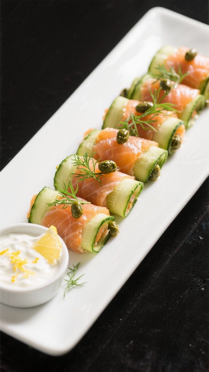 45-degree plated shot of smoked salmon cucumber roll-ups: thin lengthwise ribbons of English cucumber wrapped around silky smoked salmon, dotted with capers, served with a lemony Greek yogurt sauce (lemon zest and juice) on the side for dipping; arranged in a neat row on a rectangular white platter, garnished with micro dill, bright, crisp, coastal feel.