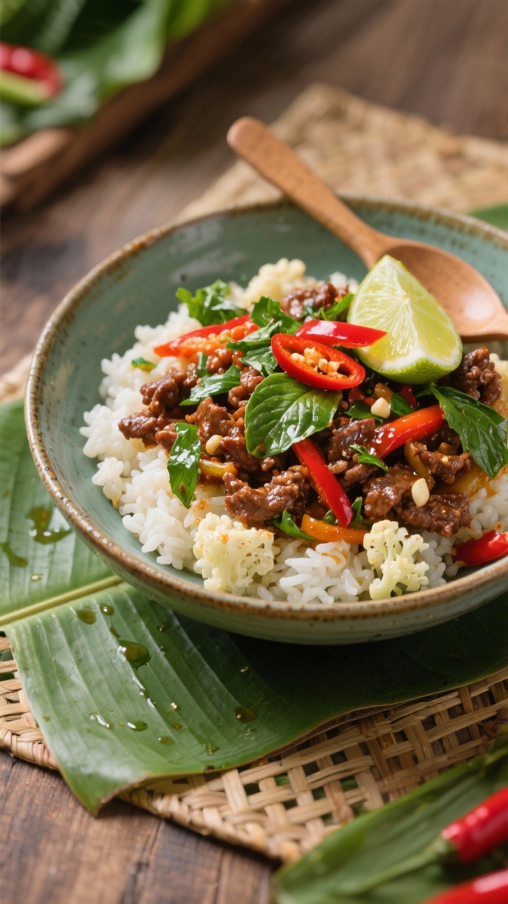 45-degree plated Thai basil beef over coconut cauliflower rice: glossy, saucy ground beef stir-fried with garlic, chilies, bell pepper strips, and lots of torn Thai basil, spooned over fluffy coconut-scented cauliflower rice; topped with a lime wedge and sliced red chili, drizzle of fish sauce sheen; ceramic bowl on banana leaf-textured placemat; bright, aromatic Southeast Asian styling with saturated greens and reds.