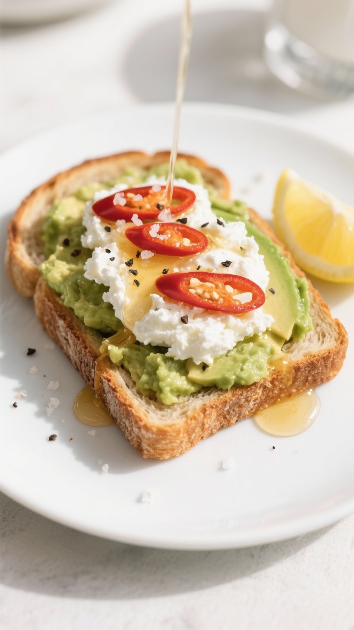 45-degree plated toast of Avocado–Cottage Cheese Protein Toast with chili honey: a single slice of hearty toasted bread topped with mashed avocado, a generous scoop of creamy cottage cheese, thin chili slices, and a glossy drizzle of chili-infused honey; cracked black pepper and flaky salt on top, a lemon wedge to the side, bright natural light and clean modern styling.