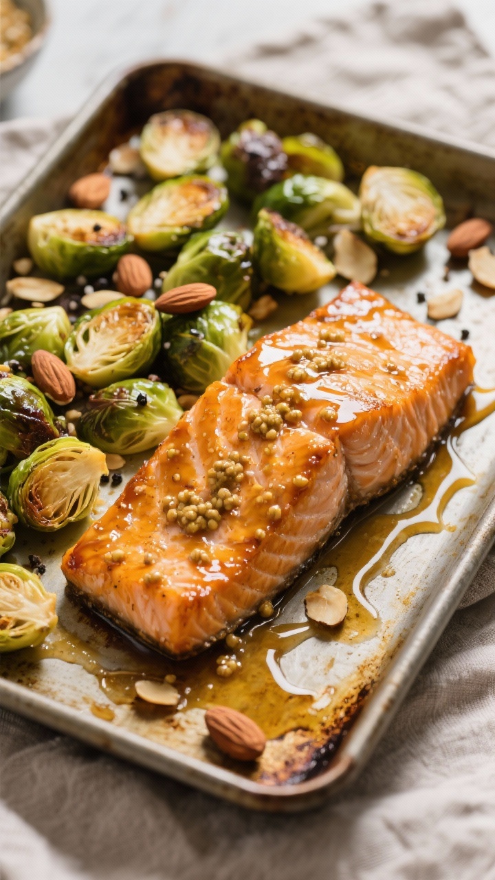 45-degree sheet-pan dinner: maple-mustard roasted salmon with Brussels sprouts and almonds. Salmon fillet glazed with a mix of Dijon and whole-grain mustard plus maple syrup, glossy and caramelized. Brussels sprouts, halved and roasted with olive oil, sea salt, and black pepper, tossed with toasted sliced almonds. Golden, sticky glaze pooling slightly, rustic pan on a linen, warm afternoon light.