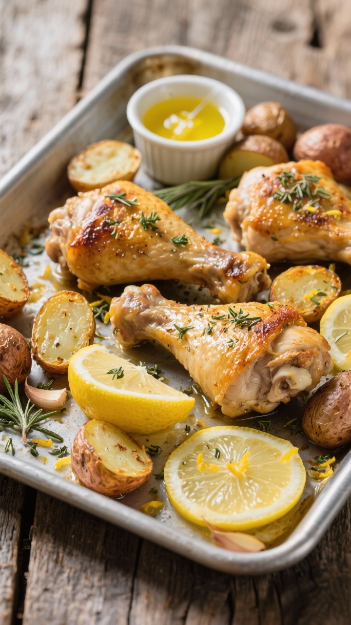 45-degree sheet-pan scene: golden, skin-on lemon-herb chicken thighs with blistered, crispy baby potatoes scattered around, lemon slices and zest visible, flecks of dried oregano and rosemary, and a light Dijon-garlic sheen. Capture the rendered chicken fat crisping the potato edges; include a small ramekin of lemon juice and olive oil emulsion brushed on the thighs, on a brushed metal baking tray set on a rustic wooden table.