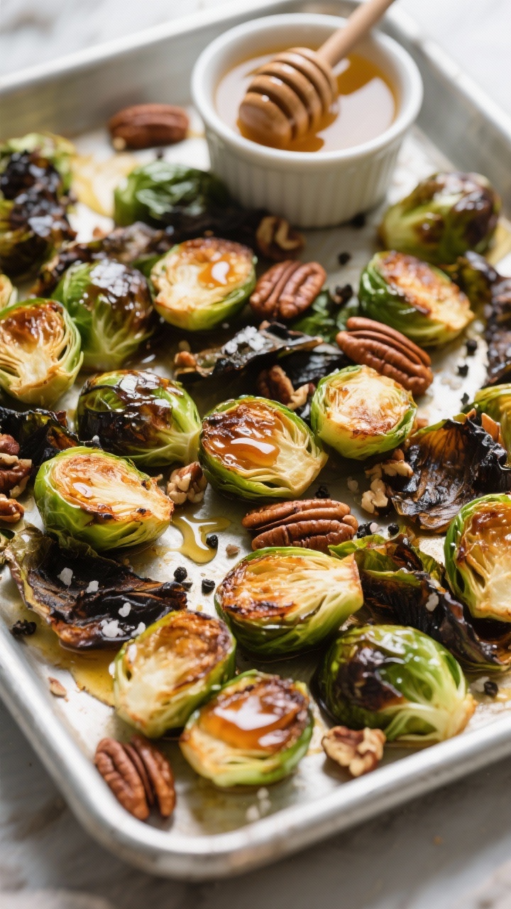 45-degree sheet-pan scene of maple-roasted Brussels sprouts: halved sprouts with deep caramelized edges, lacquered with pure maple syrup and drizzled with hot honey, tossed with toasted pecans; a gloss of olive oil, specks of kosher salt and black pepper; a small ramekin of apple cider vinegar and a honey dipper nearby; dynamic highlights on charred leaves, vibrant green cores.