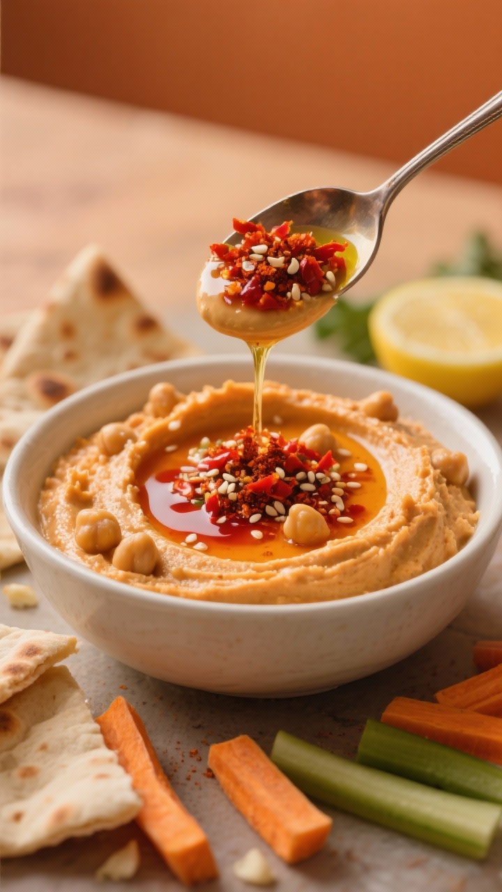 45-degree shot of a bowl of velvety sweet potato hummus with chickpeas and tahini, lemon juice, and garlic blended smooth, topped with a dramatic spoonful of chili crunch, olive oil swirl, toasted sesame seeds, and a sprinkle of smoked paprika; warm-toned backdrop, pita wedges and veggie sticks framing the scene; creamy-orange hue contrasted with fiery red chili oil.
