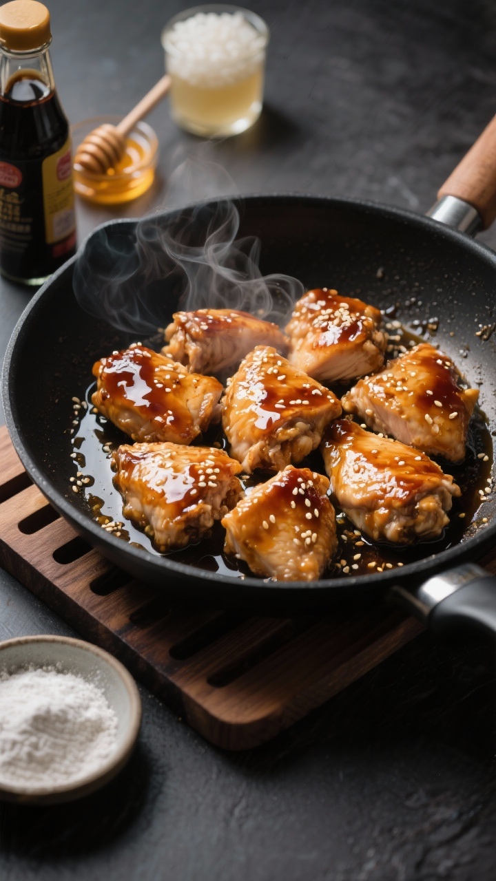 45-degree skillet action shot: glossy, sticky chunks of boneless, skinless chicken thighs lacquered in a honey–low-sodium soy glaze, steam curling up. A small dish of cornstarch, a bottle of soy sauce, a drizzle of honey, and a splash of rice vinegar staged nearby. Cooked in a black nonstick skillet with neutral oil, sauce bubbling and clinging, sesame-like sheen, set on a dark wood trivet for contrast.