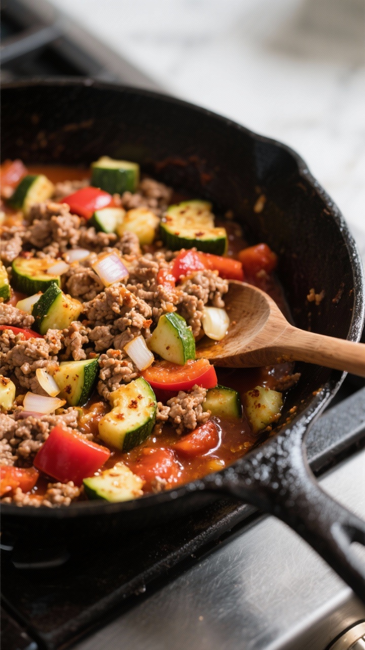 45-degree skillet action shot: One-pan turkey zucchini skillet in a black cast-iron pan, lean ground turkey crumbles browned with diced onion and minced garlic, vibrant diced zucchini and red bell pepper, a smoky tomato base hinted by smoked paprika; slight char on veggies, glossy sheen from olive oil; set on a stovetop with a wooden spoon resting on the pan edge, inviting weeknight comfort.