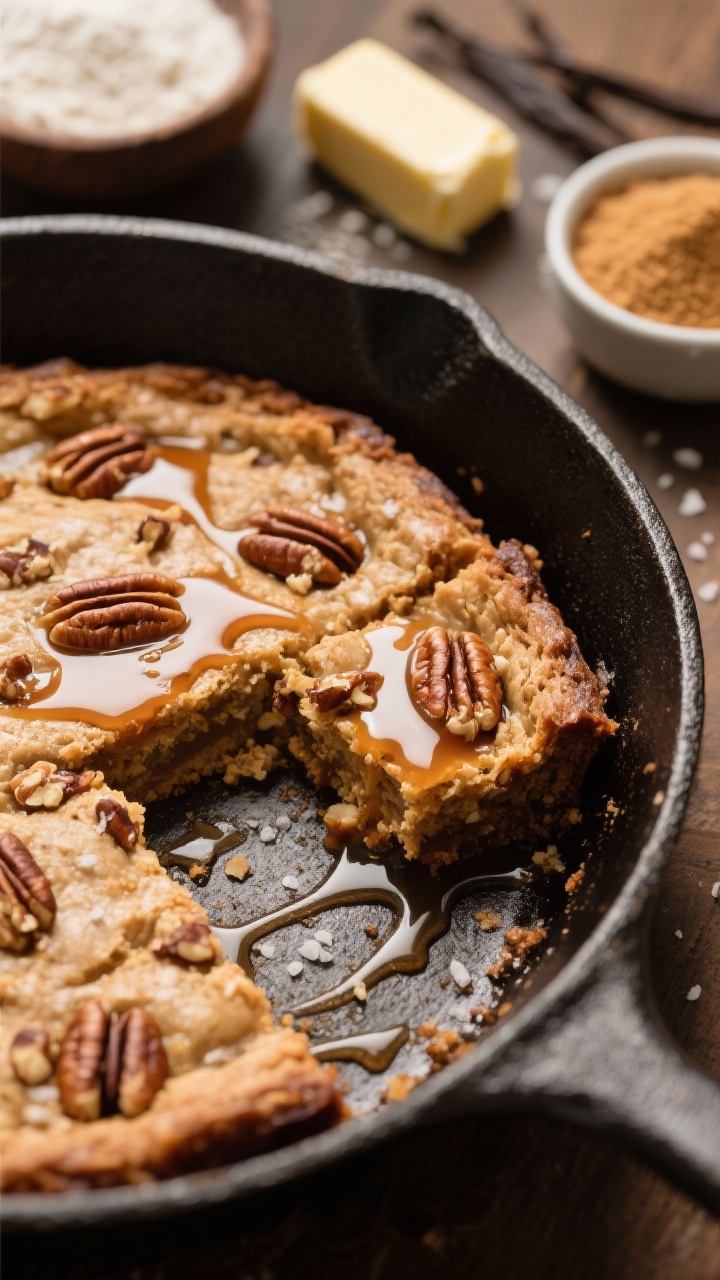 45-degree skillet dessert shot: maple pecan blondies baked in a cast-iron skillet, crinkly top and gooey center, studded with toasted pecans; glossy pools from brown butter, edges caramelized; a drizzle of warm maple syrup and a pinch of flaky salt; ingredients styled nearby—stick of unsalted butter, light brown sugar, vanilla, flour, baking powder; warm, decadent lighting.