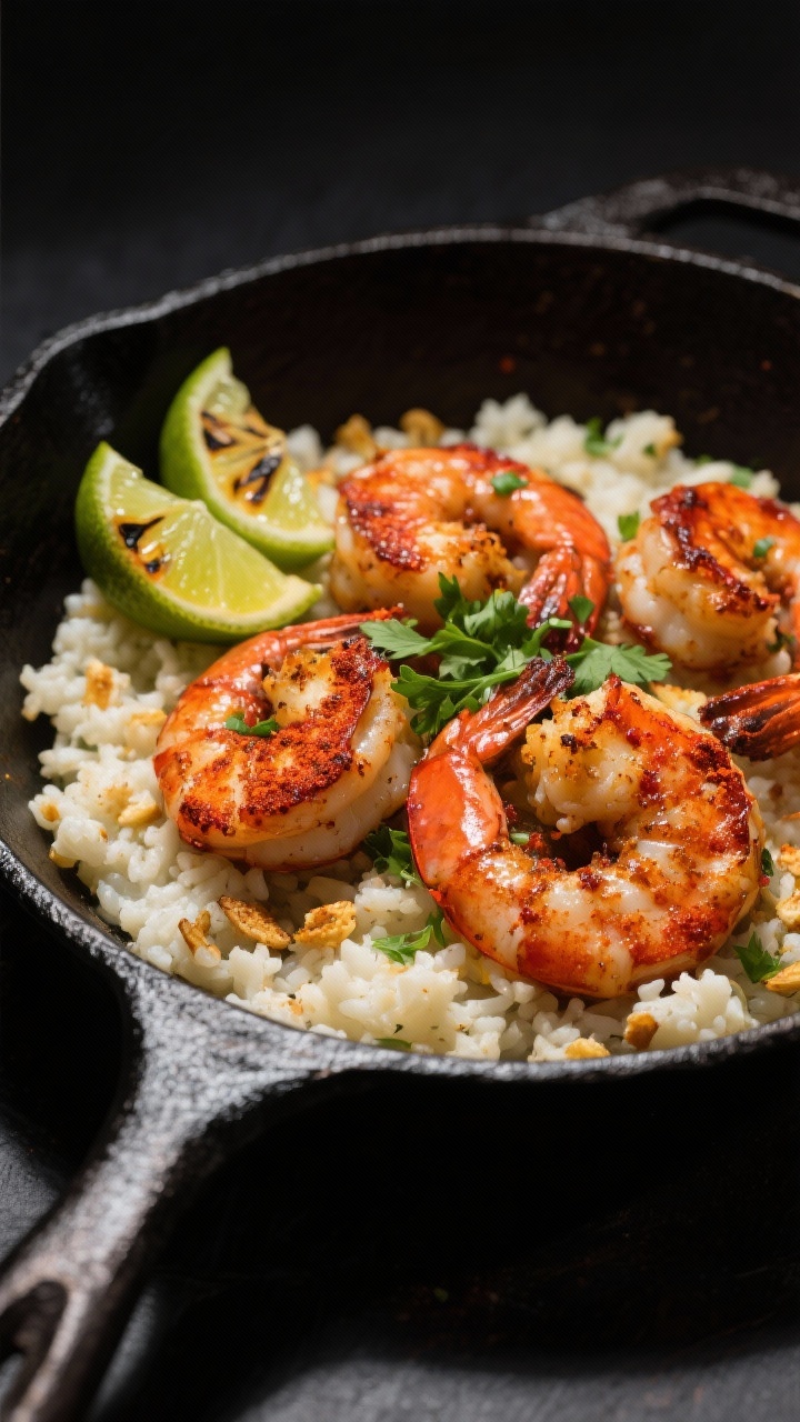 45-degree skillet hero shot: Chipotle lime shrimp and cauliflower rice in a black cast-iron skillet—plump 8 oz shrimp seared with a smoky-red crust from chipotle chili powder, cumin, and sea salt; cauliflower rice underneath with a few golden toasty bits; glossy 1 tbsp lime juice and bright 1 tsp lime zest sprinkled over; a couple of charred lime halves and a dusting of fresh chopped cilantro for lift; dramatic side light to emphasize sizzle and texture, clean dark background to make colors pop.