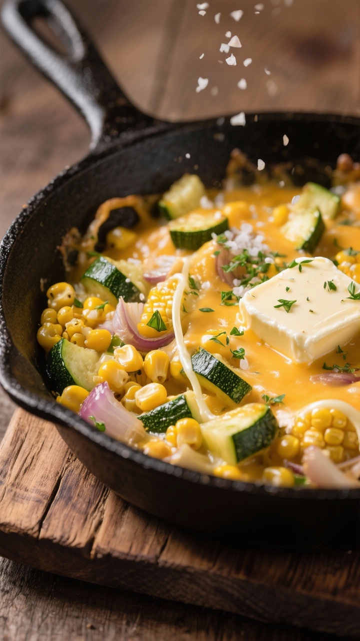 45-degree skillet-in-action shot of a cheesy zucchini corn skillet with herb butter: diced zucchini and juicy corn kernels sautéed with onion and garlic, strands of melted cheese pulling across the surface; pats of herb-flecked butter melting on top, a sprinkle of kosher salt visible; cast-iron skillet on a rustic wooden board, warm, inviting color palette