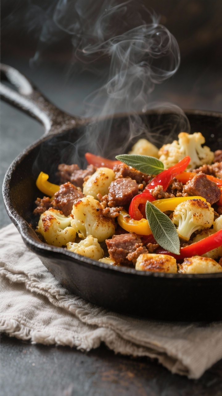 45-degree skillet scene: cauliflower gnocchi browned and crispy-edged in olive oil, tossed with crumbled Italian sausage, ribbons of red and yellow bell peppers, and fresh sage leaves sizzling. Light steam, glossy textures, a few browned gnocchi surfaces in sharp focus; rustic cast-iron on a linen napkin, cozy weeknight energy.