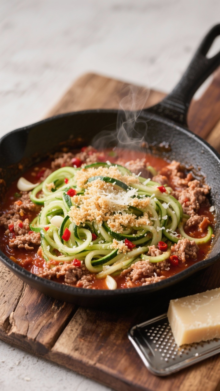 45-degree skillet scene of a 15-minute turkey zoodle dish: lean ground turkey simmered in no-sugar-added marinara with minced garlic and a pinch of red pepper flakes, nestled with vibrant green zucchini noodles; a sprinkle of garlicky Parmesan “breadcrumbs” (toasted Panko with garlic and Parmesan) scattered on top; set in a black nonstick skillet on a rustic wood board, a microplane and wedge of Parmesan nearby, steam visible.