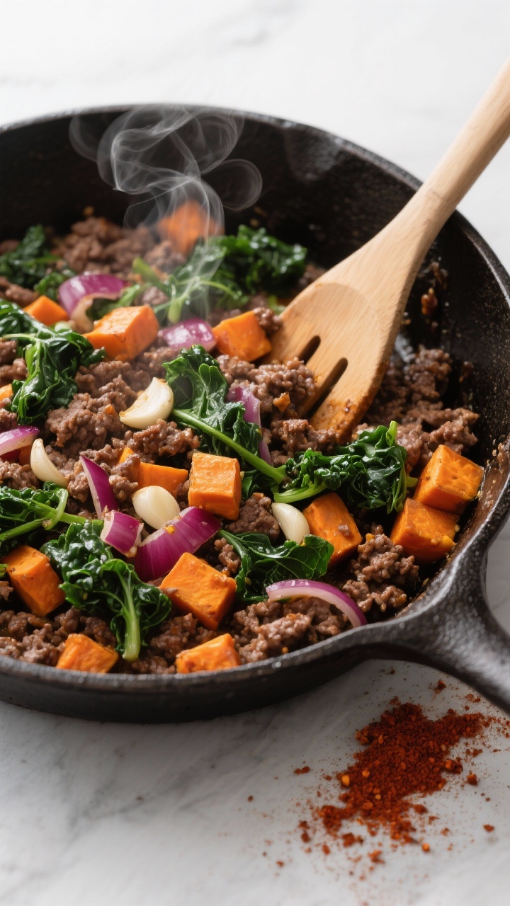 45-degree skillet scene of a one-pan smoky beef, sweet potato, and kale dish: lean ground beef browned with small-diced sweet potato, red onion, garlic, smoked paprika, cumin, and chopped kale just wilted and vibrant; cast-iron skillet with a wooden spatula, wisps of steam; paprika dusting on the side, high contrast to emphasize orange sweet potato and deep green kale.
