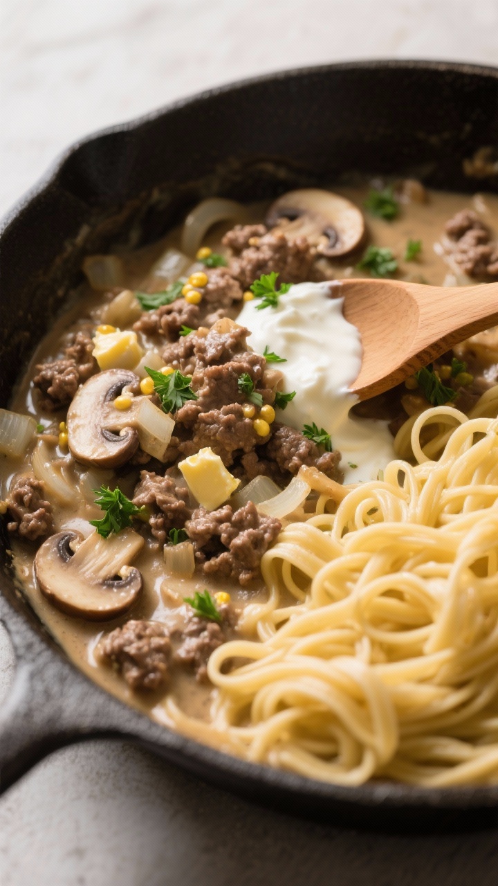 45-degree skillet scene of Creamy Beef and Mushroom Stroganoff: tender ground beef with sliced cremini mushrooms and finely chopped onion in a silky sauce enriched with butter, Dijon mustard and sour cream, garnished with fresh parsley; served with buttered egg noodles piled nearby, a wooden spoon dragging a creamy trail through the sauce, soft, cozy lighting for a comfort-food mood.