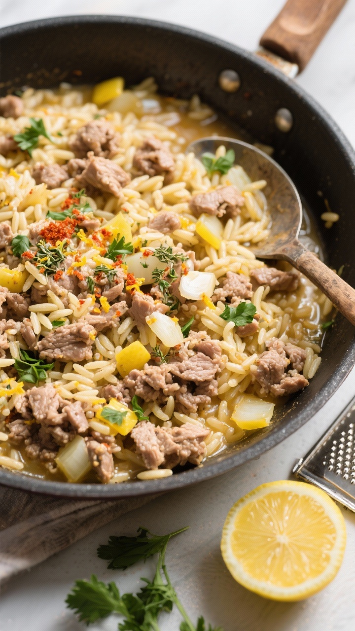45-degree skillet scene of Greek-inspired turkey with lemon orzo: crumbled lean ground turkey browned with diced yellow onion and minced garlic, tiny pearls of orzo simmered in low-sodium chicken broth until tender, seasoned with dried oregano and paprika; finish of lemon zest and a squeeze of lemon visible on a microplane and cut lemon nearby; served straight from a wide sauté pan with a rustic spoon, fresh parsley scattered for color.